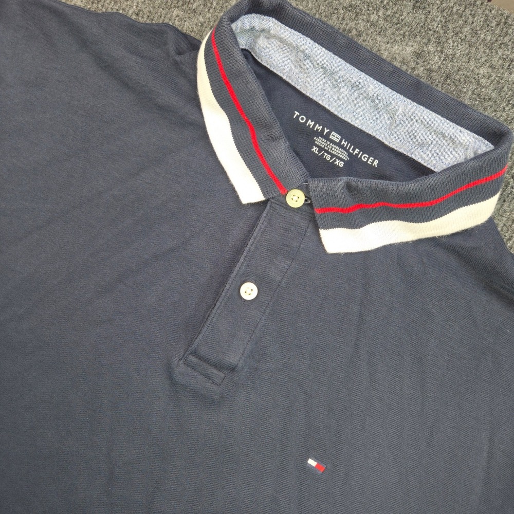 Tommy Hilfiger Mens XL Blue Cotton Polo Shirt Striped Collar Preppy Classic Fit‎